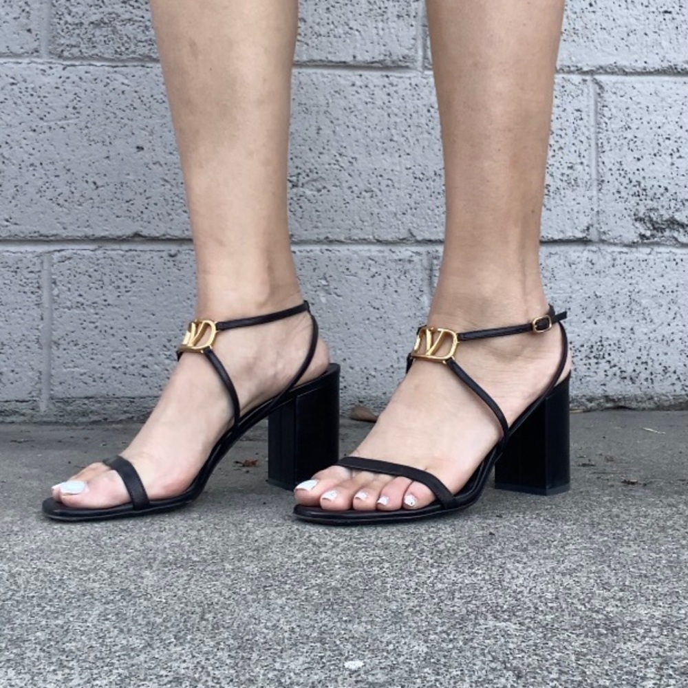 Valentino Gold V Logo Strappy Black Leather Heel Sandals size 37